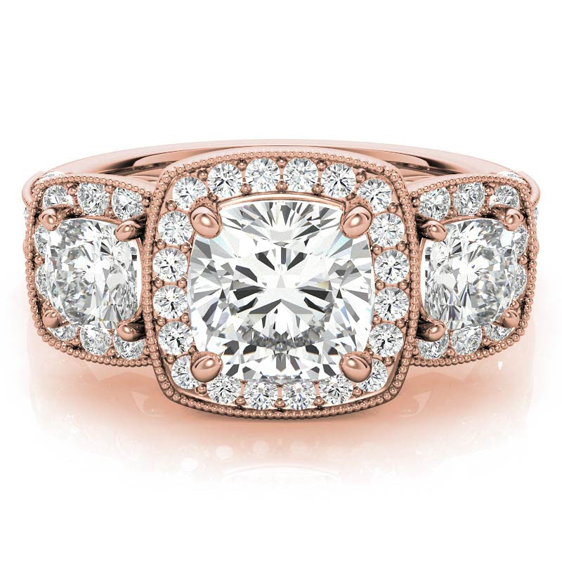Cushion Moissanite 3-Stone Halo Engagement Ring with Milgrain Accent