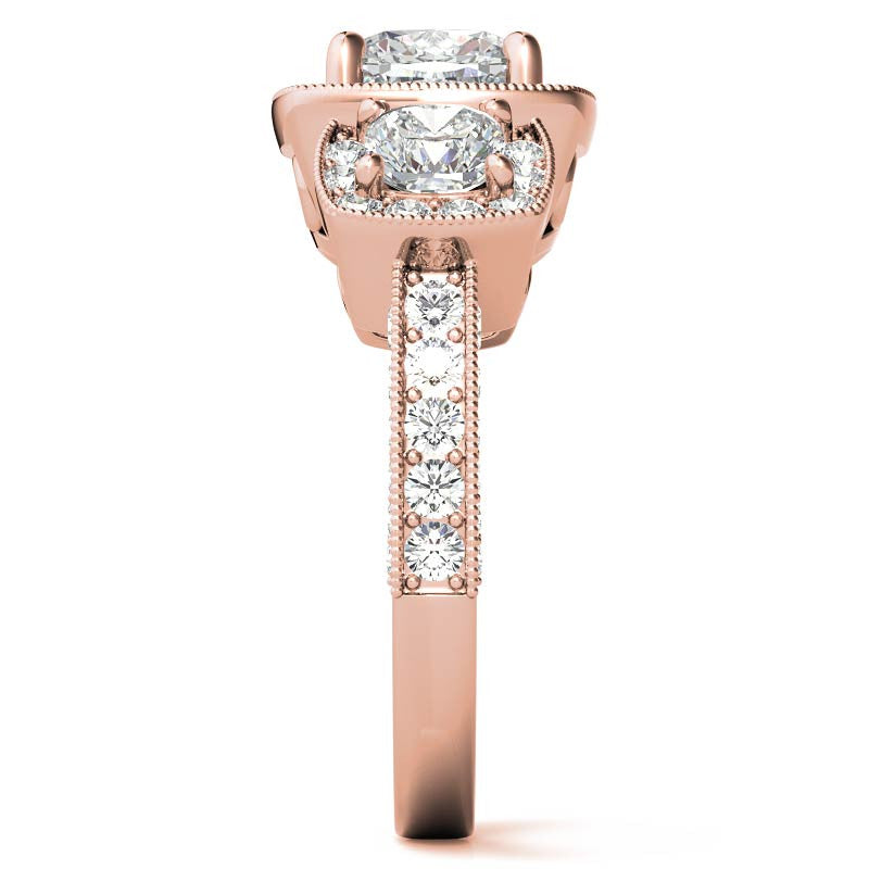 Cushion Moissanite 3-Stone Halo Engagement Ring with Milgrain Accent
