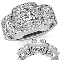 Cushion Moissanite 3-Stone Halo Engagement Ring with Milgrain Accent