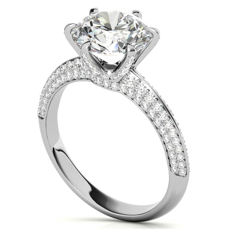 Round Moissanite Double Row Pave Knife Edge Style Engagement Ring