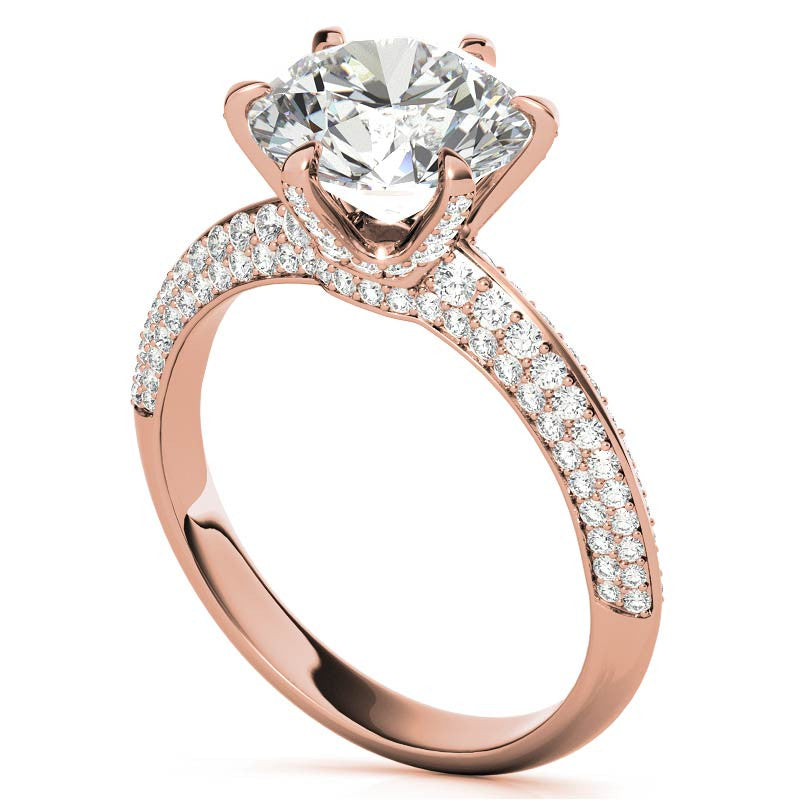 Round Moissanite Double Row Pave Knife Edge Style Engagement Ring
