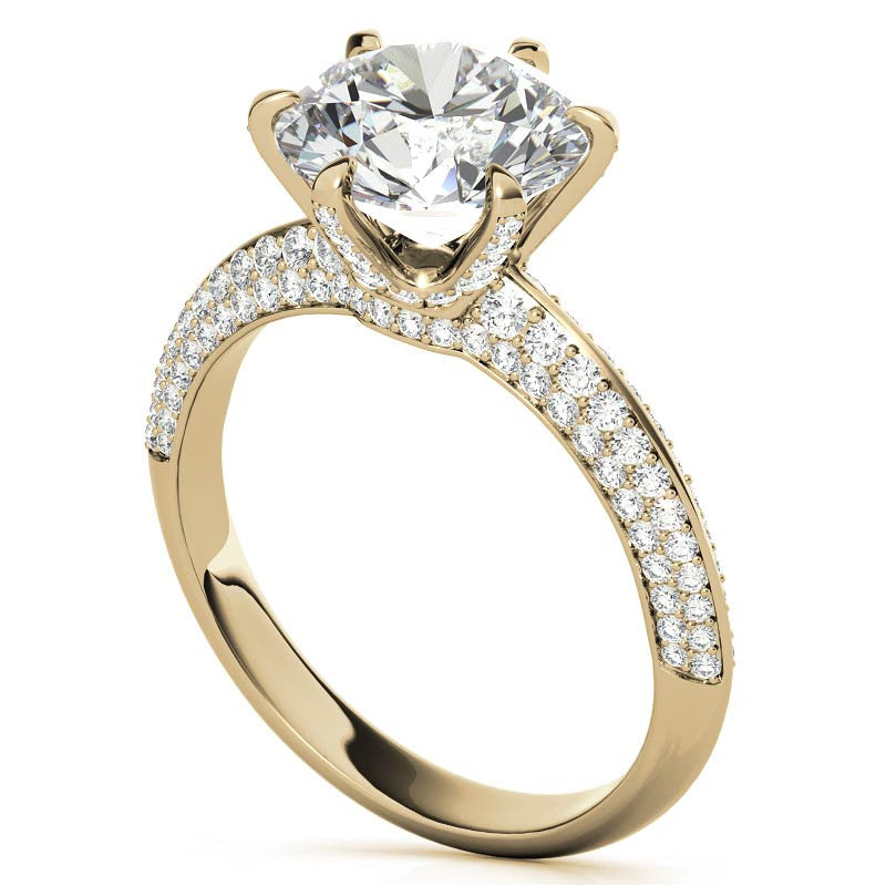 Round Moissanite Double Row Pave Knife Edge Style Engagement Ring