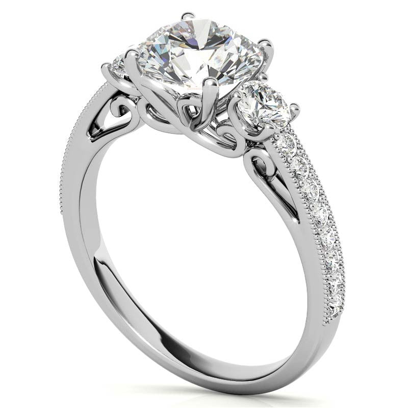 Round Brilliant Moissanite Three-Stone Scroll Accent Engagement Ring