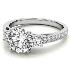 Round Brilliant Moissanite Three-Stone Scroll Accent Engagement Ring