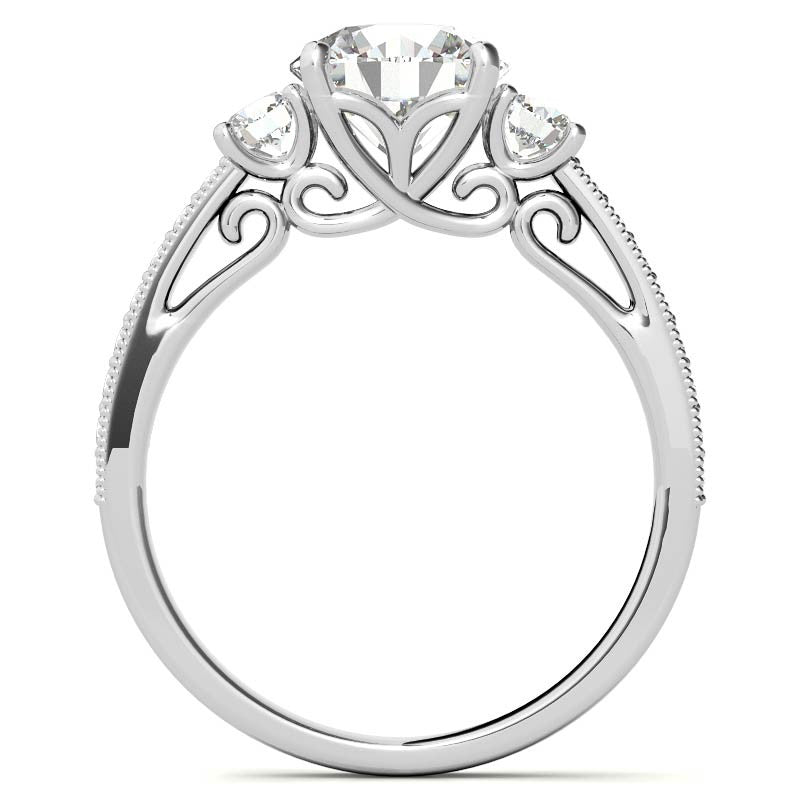 Round Brilliant Moissanite Three-Stone Scroll Accent Engagement Ring