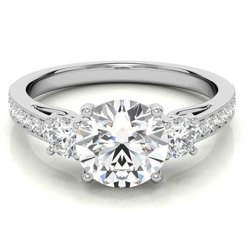 Round Brilliant Moissanite Three-Stone Scroll Accent Engagement Ring