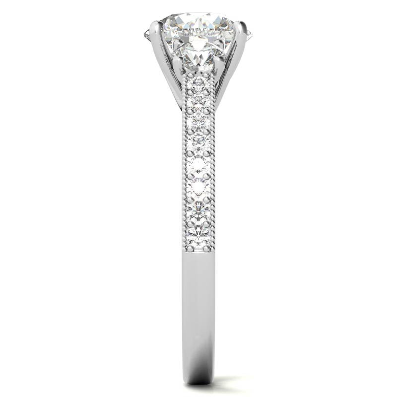 Round Brilliant Moissanite Three-Stone Scroll Accent Engagement Ring