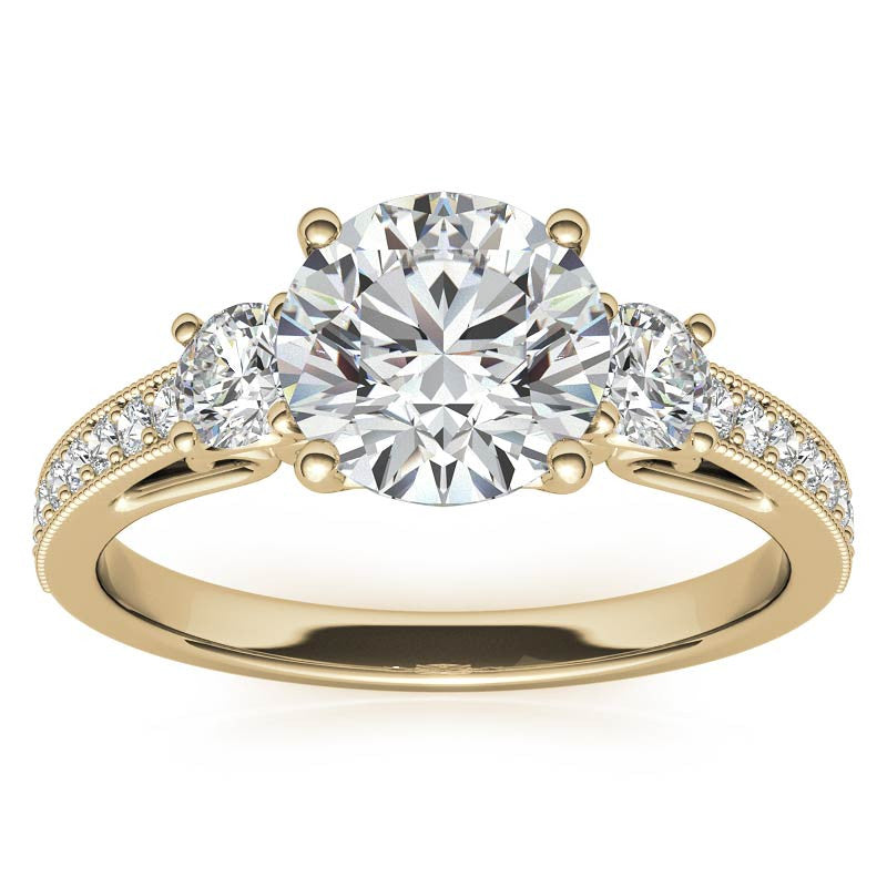 Round Brilliant Moissanite Three-Stone Scroll Accent Engagement Ring