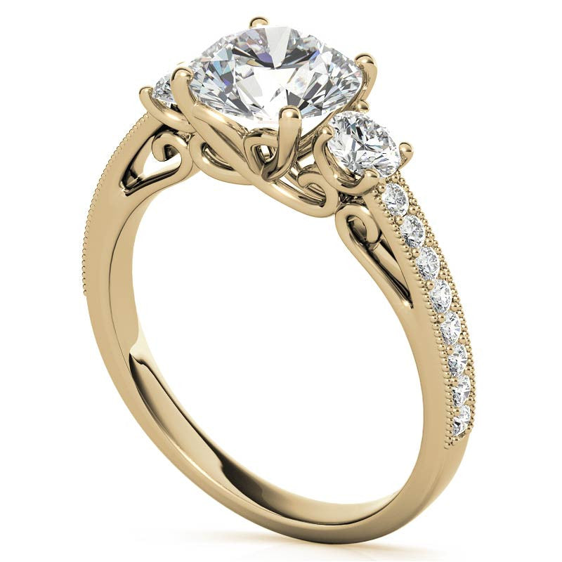 Round Brilliant Moissanite Three-Stone Scroll Accent Engagement Ring