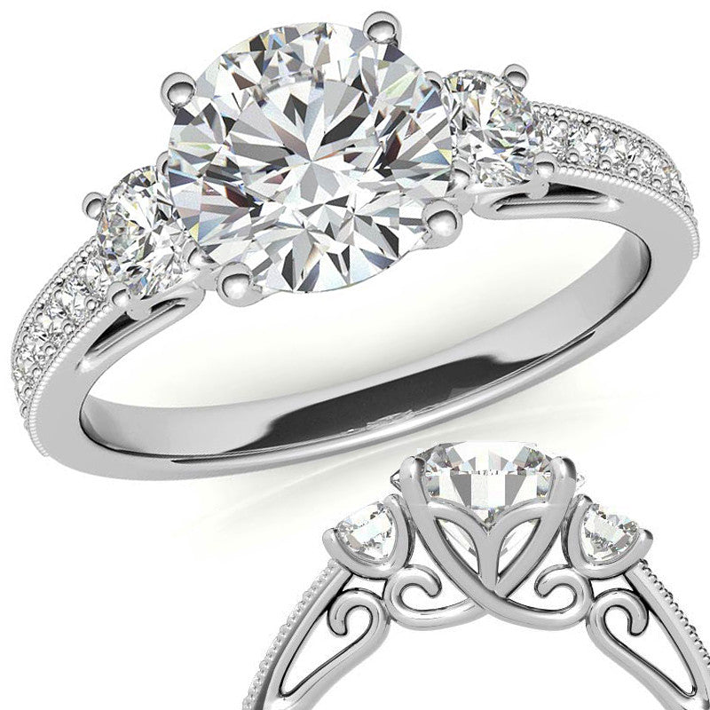 Round Brilliant Moissanite Three-Stone Scroll Accent Engagement Ring