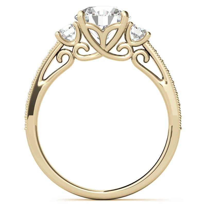 Round Brilliant Moissanite Three-Stone Scroll Accent Engagement Ring