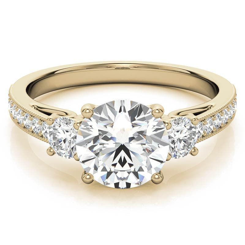 Round Brilliant Moissanite Three-Stone Scroll Accent Engagement Ring
