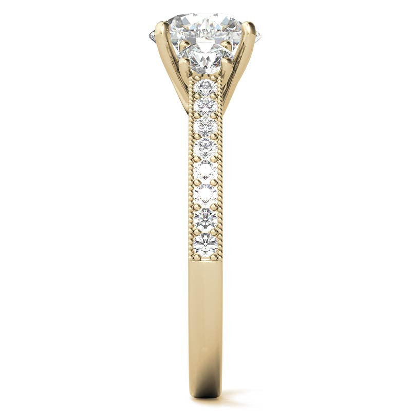 Round Brilliant Moissanite Three-Stone Scroll Accent Engagement Ring