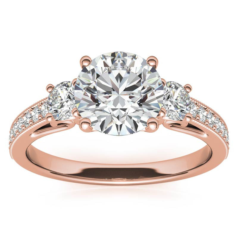 Round Brilliant Moissanite Three-Stone Scroll Accent Engagement Ring