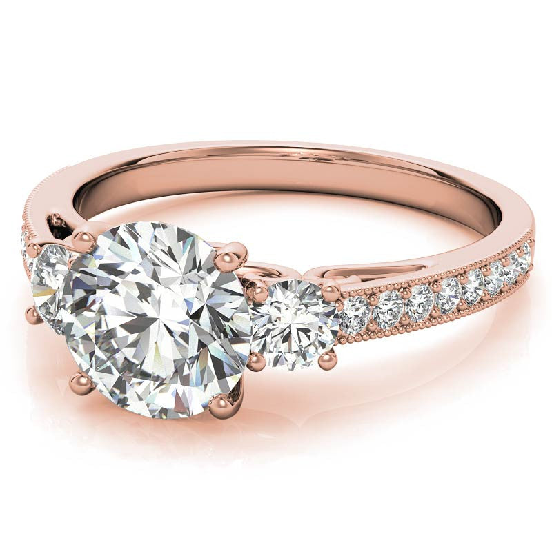 Round Brilliant Moissanite Three-Stone Scroll Accent Engagement Ring