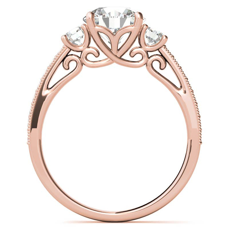 Round Brilliant Moissanite Three-Stone Scroll Accent Engagement Ring