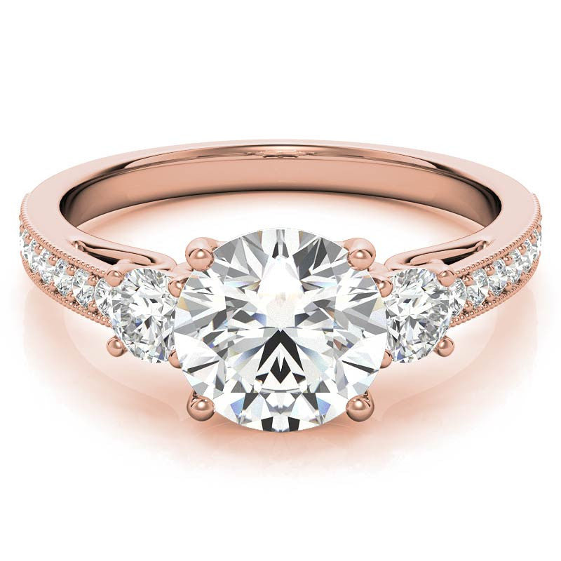 Round Brilliant Moissanite Three-Stone Scroll Accent Engagement Ring
