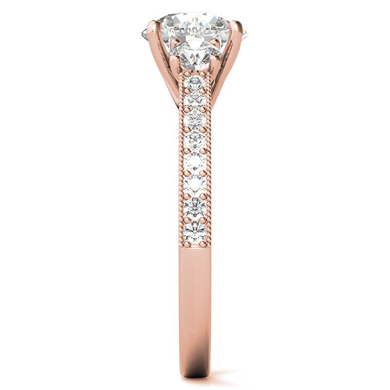 Round Brilliant Moissanite Three-Stone Scroll Accent Engagement Ring