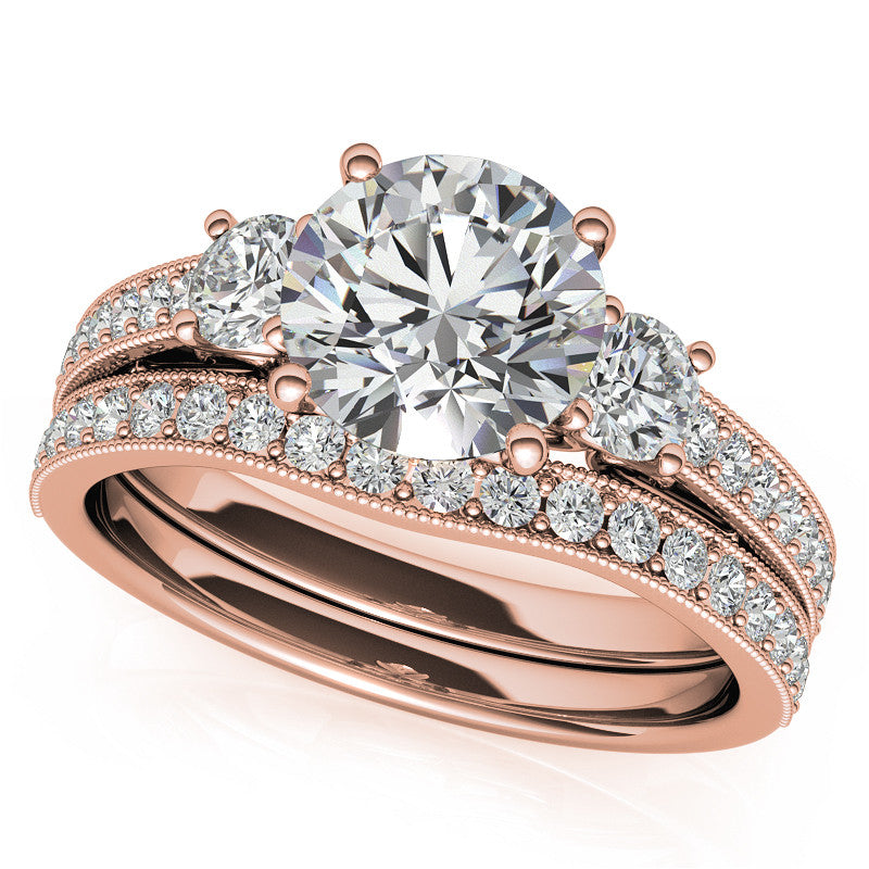 Round Brilliant Moissanite Three-Stone Scroll Accent Engagement Ring