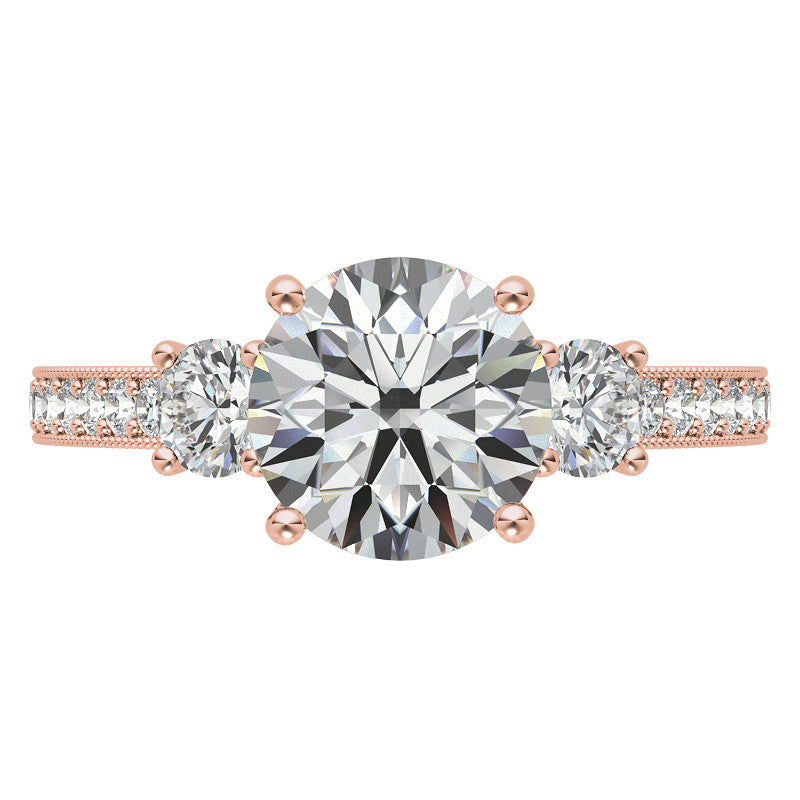 Round Brilliant Moissanite Three-Stone Scroll Accent Engagement Ring