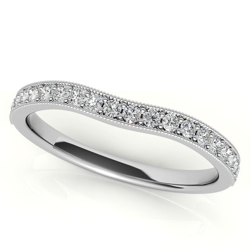 Round Brilliant Moissanite Three-Stone Scroll Accent Engagement Ring