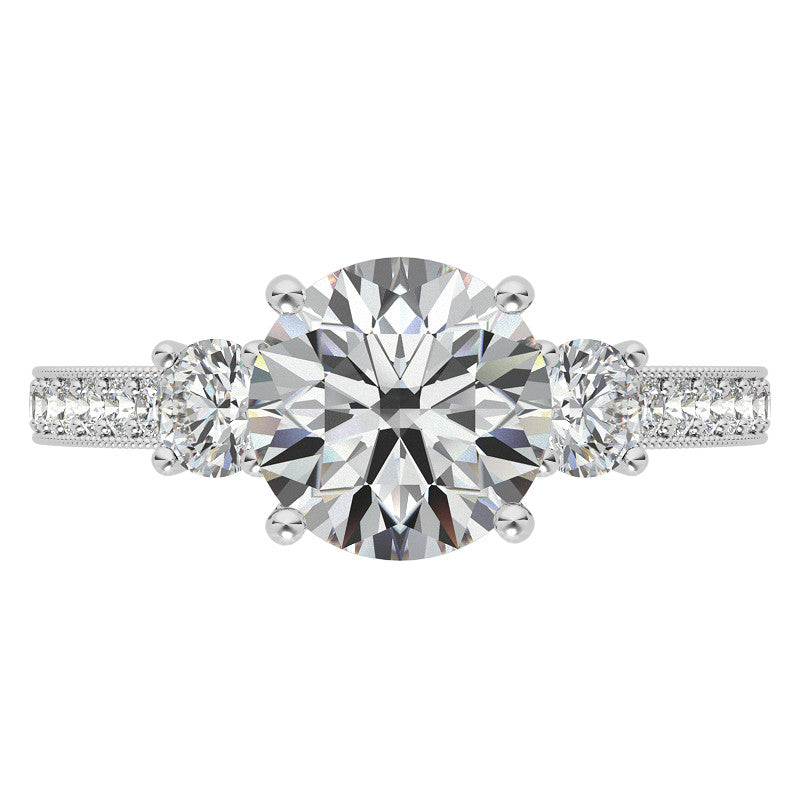 Round Brilliant Moissanite Three-Stone Scroll Accent Engagement Ring