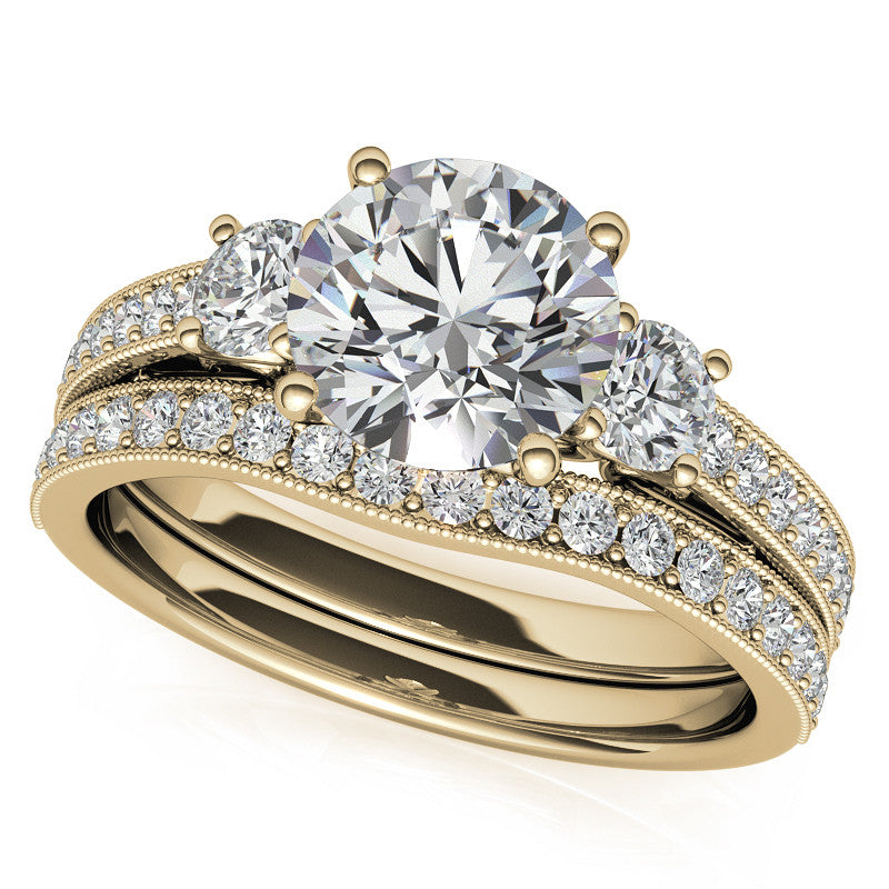 Round Brilliant Moissanite Three-Stone Scroll Accent Engagement Ring