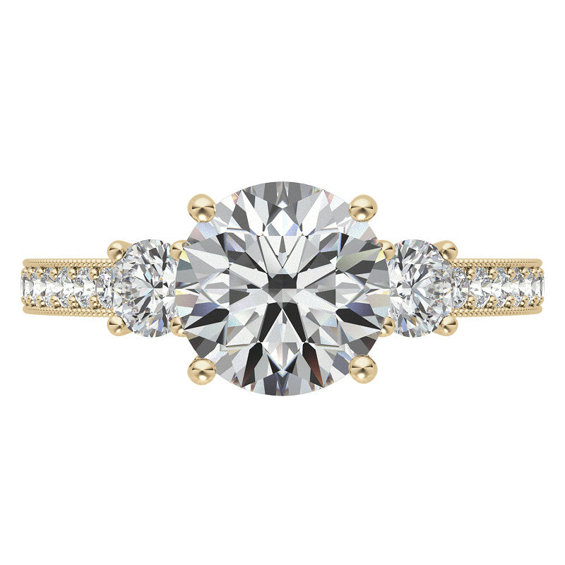 Round Brilliant Moissanite Three-Stone Scroll Accent Engagement Ring