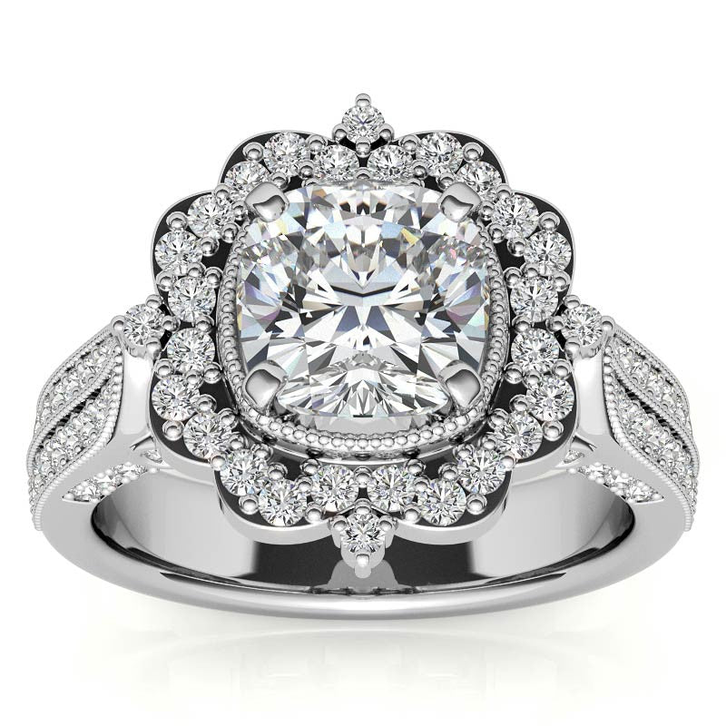 Cushion Antique Moissanite Halo Engagement Ring with Milgrain Accent