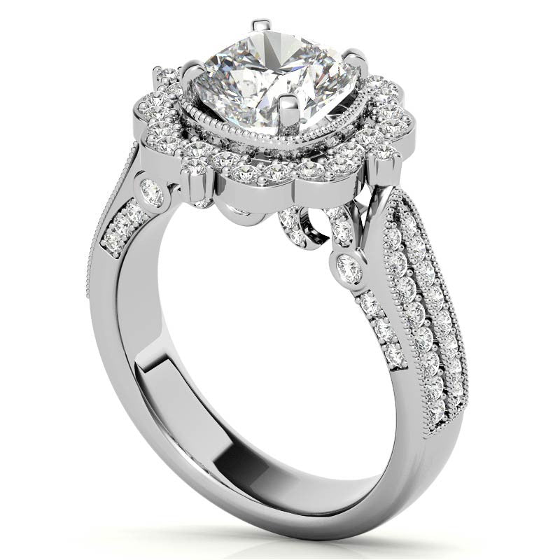 Cushion Antique Moissanite Halo Engagement Ring with Milgrain Accent