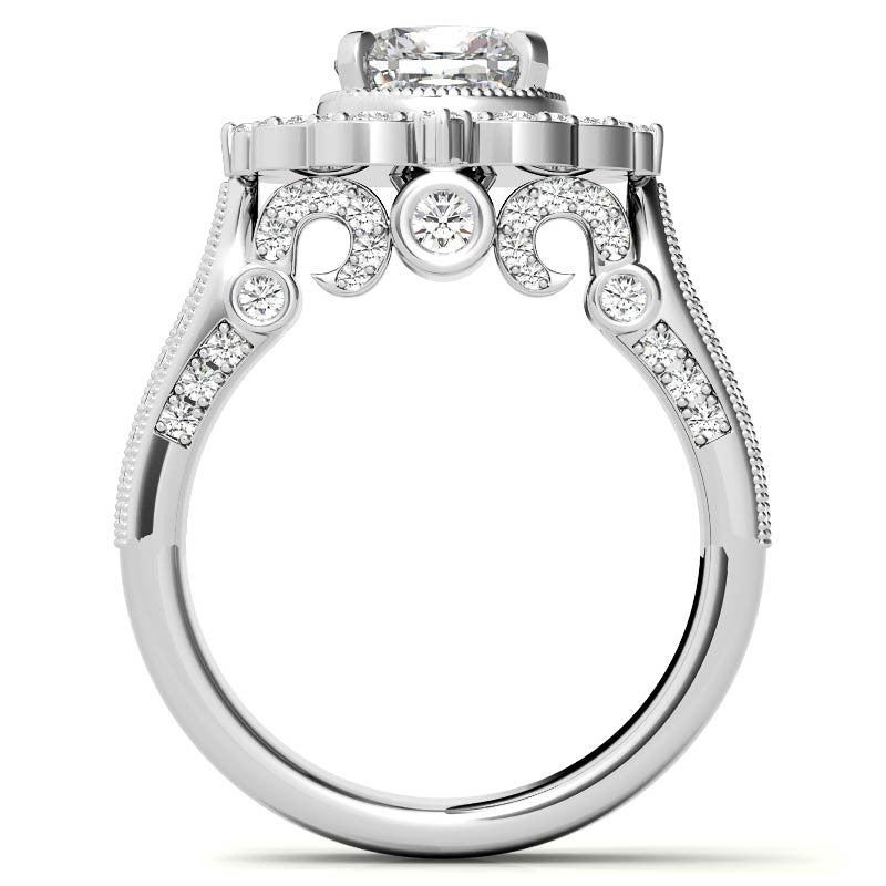 Cushion Antique Moissanite Halo Engagement Ring with Milgrain Accent