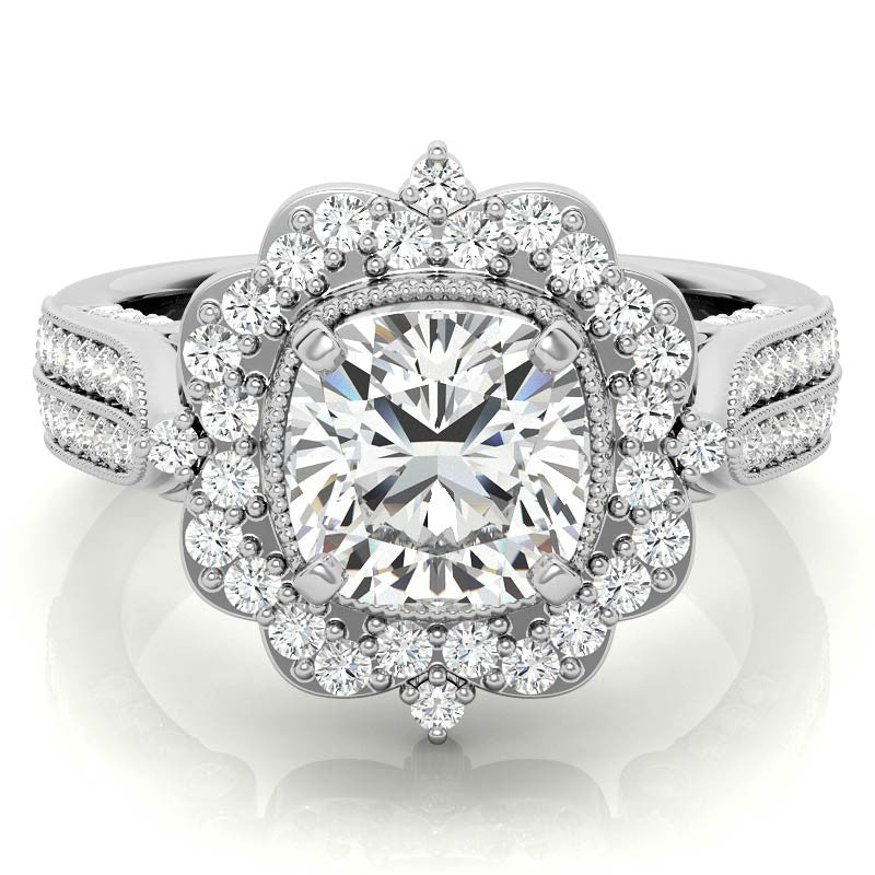 Cushion Antique Moissanite Halo Engagement Ring with Milgrain Accent