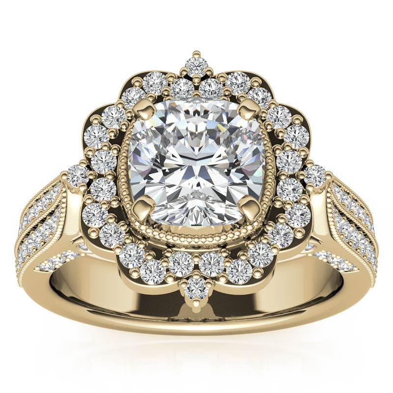 Cushion Antique Moissanite Halo Engagement Ring with Milgrain Accent
