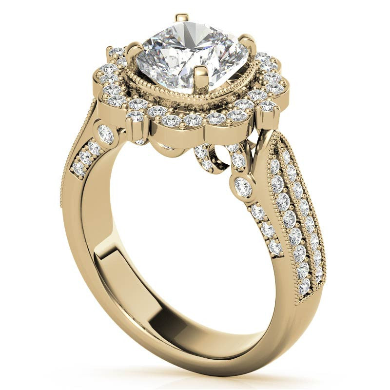 Cushion Antique Moissanite Halo Engagement Ring with Milgrain Accent