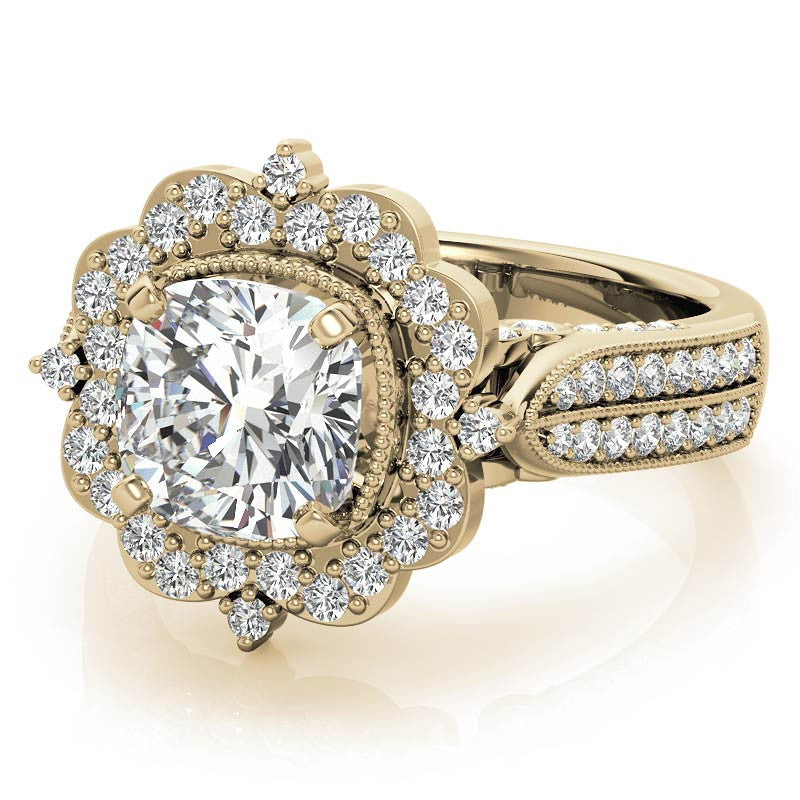 Cushion Antique Moissanite Halo Engagement Ring with Milgrain Accent