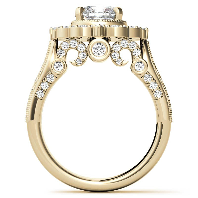 Cushion Antique Moissanite Halo Engagement Ring with Milgrain Accent