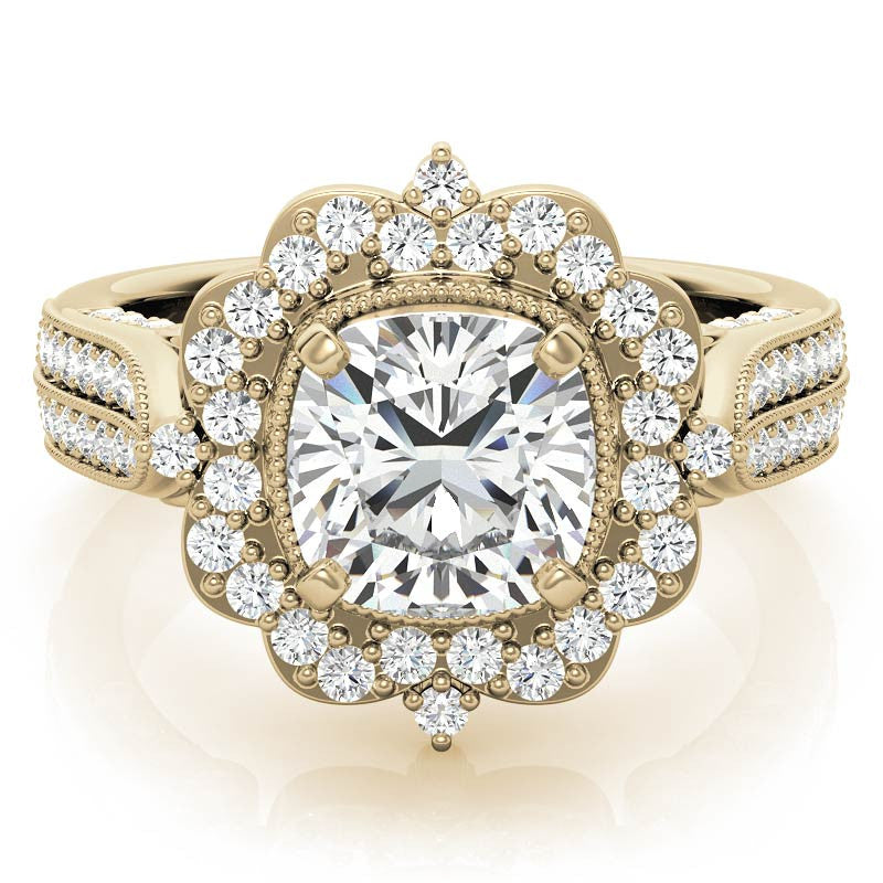 Cushion Antique Moissanite Halo Engagement Ring with Milgrain Accent