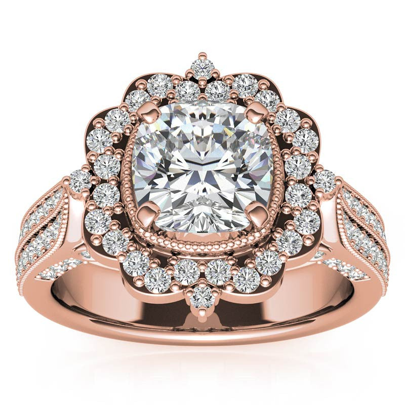 Cushion Antique Moissanite Halo Engagement Ring with Milgrain Accent