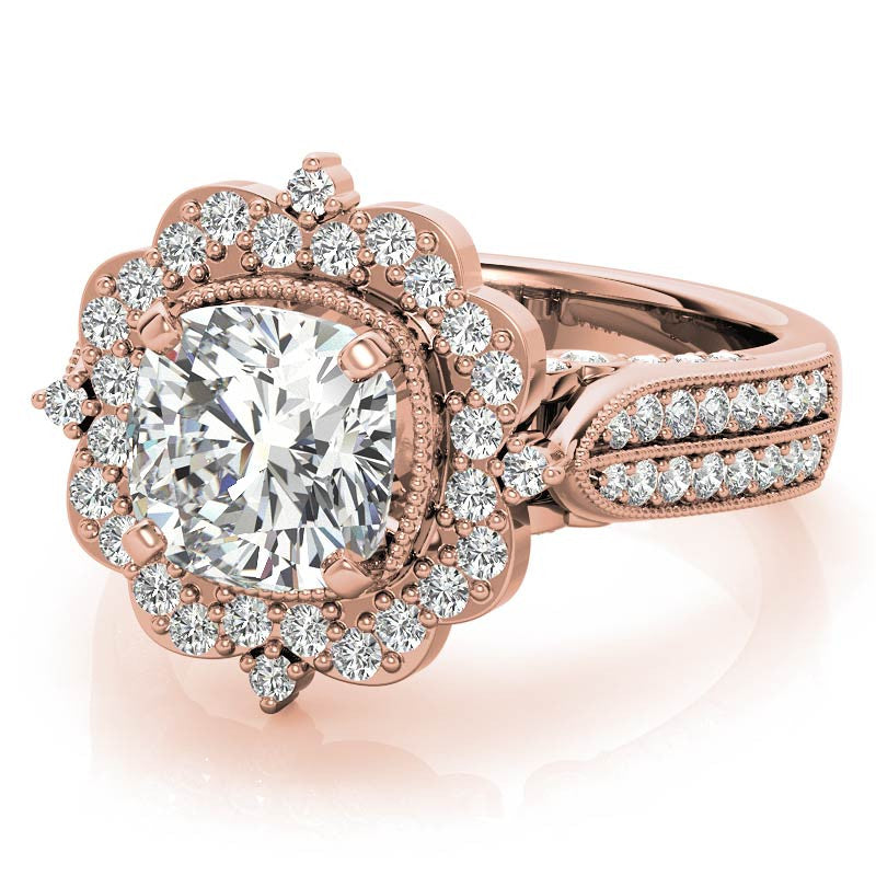 Cushion Antique Moissanite Halo Engagement Ring with Milgrain Accent