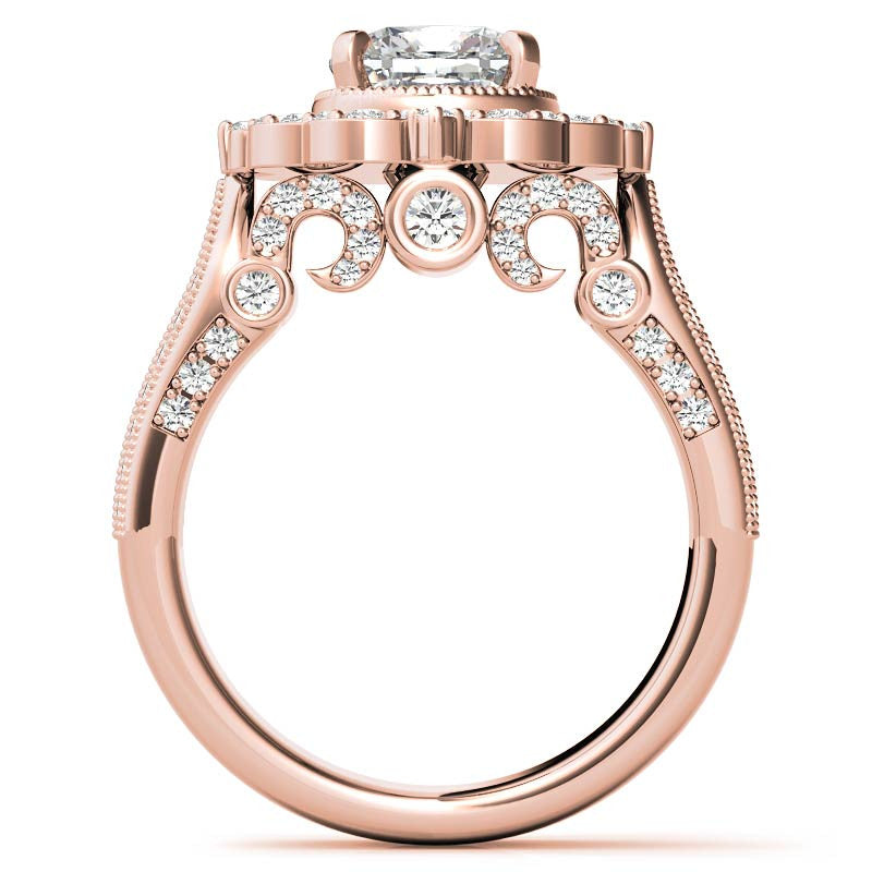 Cushion Antique Moissanite Halo Engagement Ring with Milgrain Accent