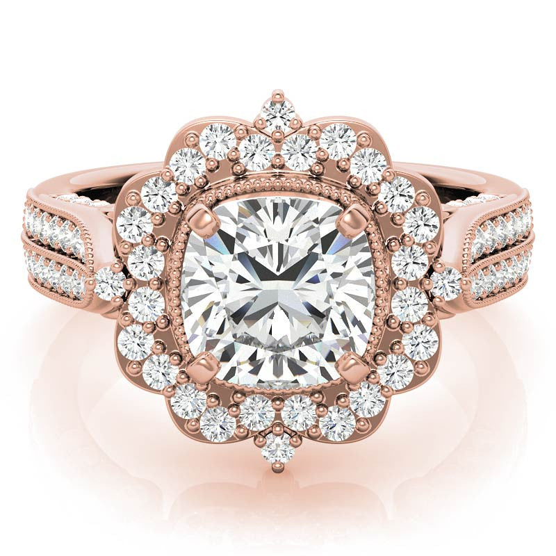 Cushion Antique Moissanite Halo Engagement Ring with Milgrain Accent