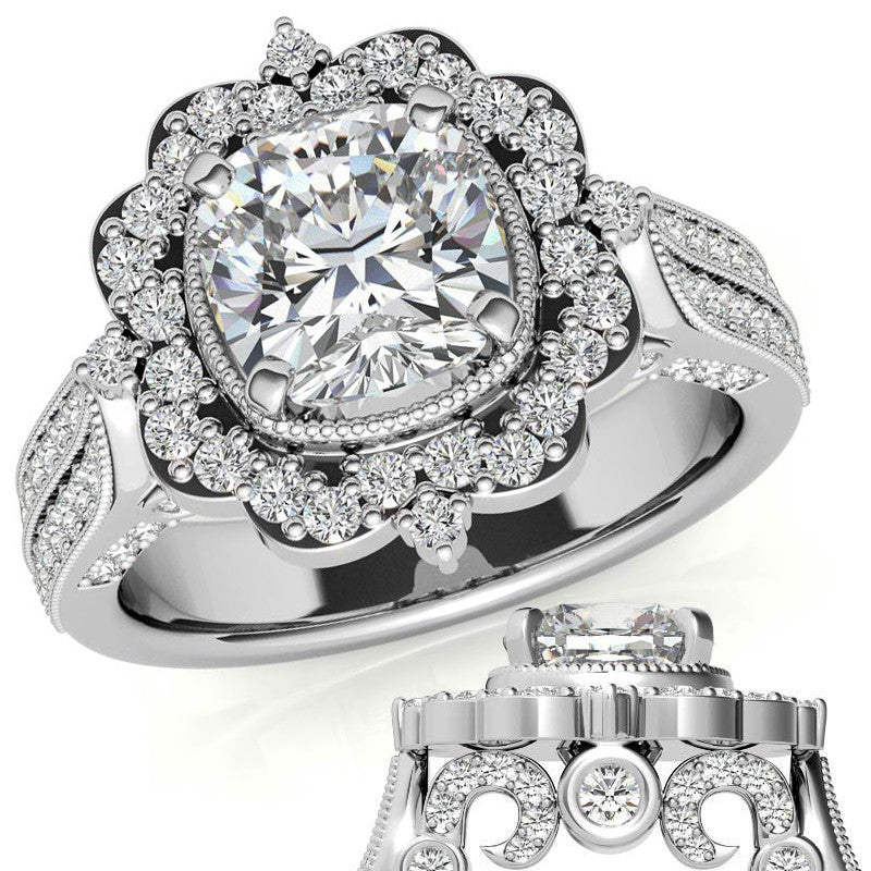 Cushion Antique Moissanite Halo Engagement Ring with Milgrain Accent