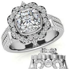 Cushion Antique Moissanite Halo Engagement Ring with Milgrain Accent