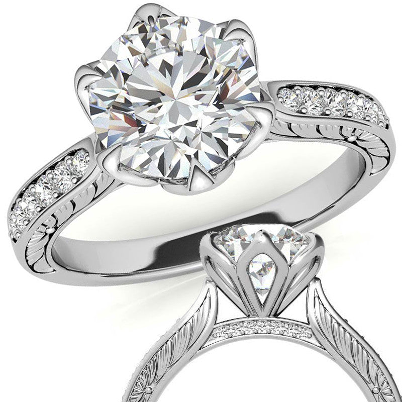 Round Brilliant Moissanite Etched Tulip Engagement Ring