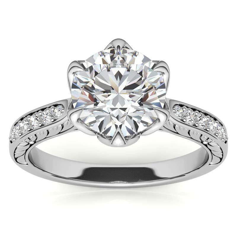 Round Brilliant Moissanite Etched Tulip Engagement Ring