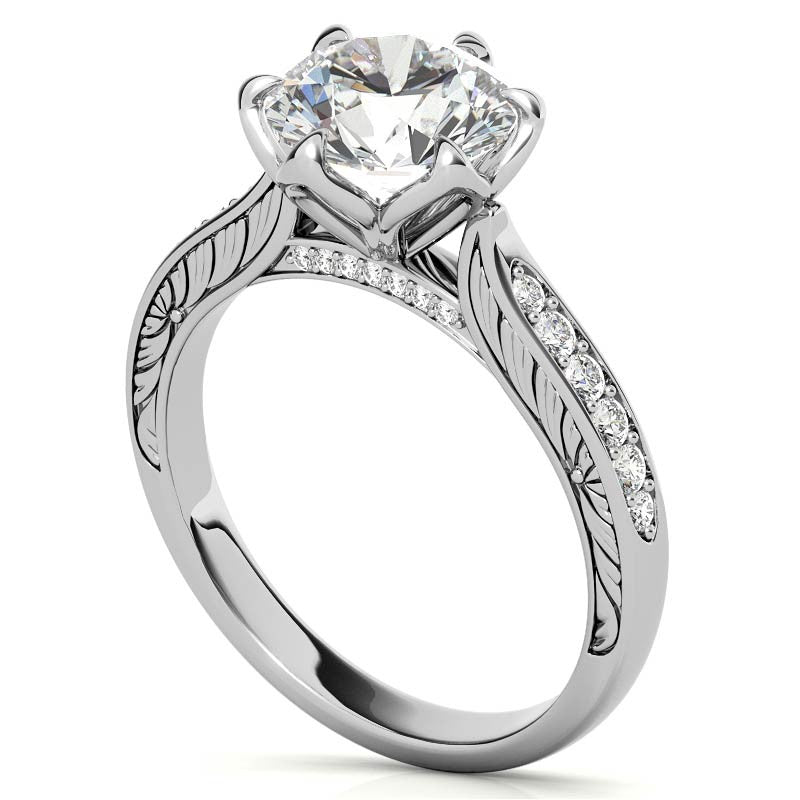 Round Brilliant Moissanite Etched Tulip Engagement Ring