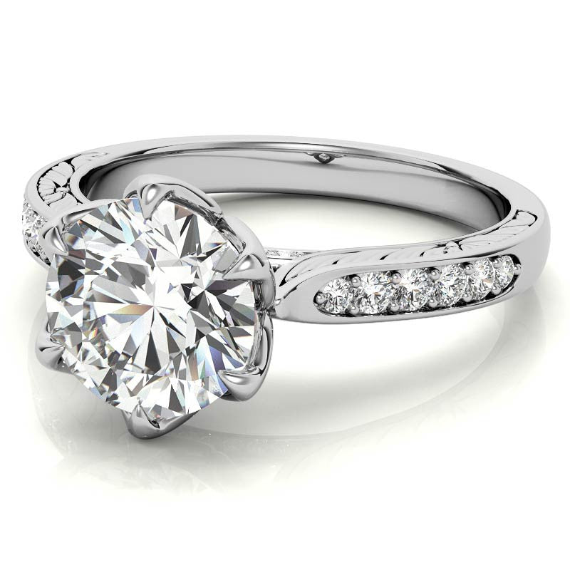 Round Brilliant Moissanite Etched Tulip Engagement Ring