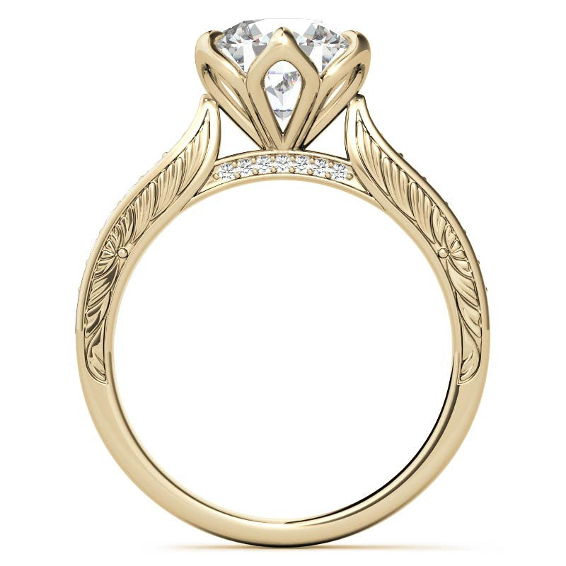 Round Brilliant Moissanite Etched Tulip Engagement Ring