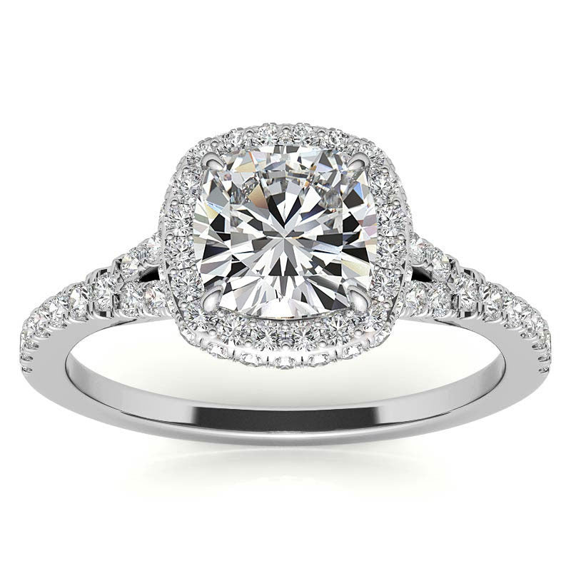 Cushion Encircled Halo Moissanite Split Shank Engagement Ring