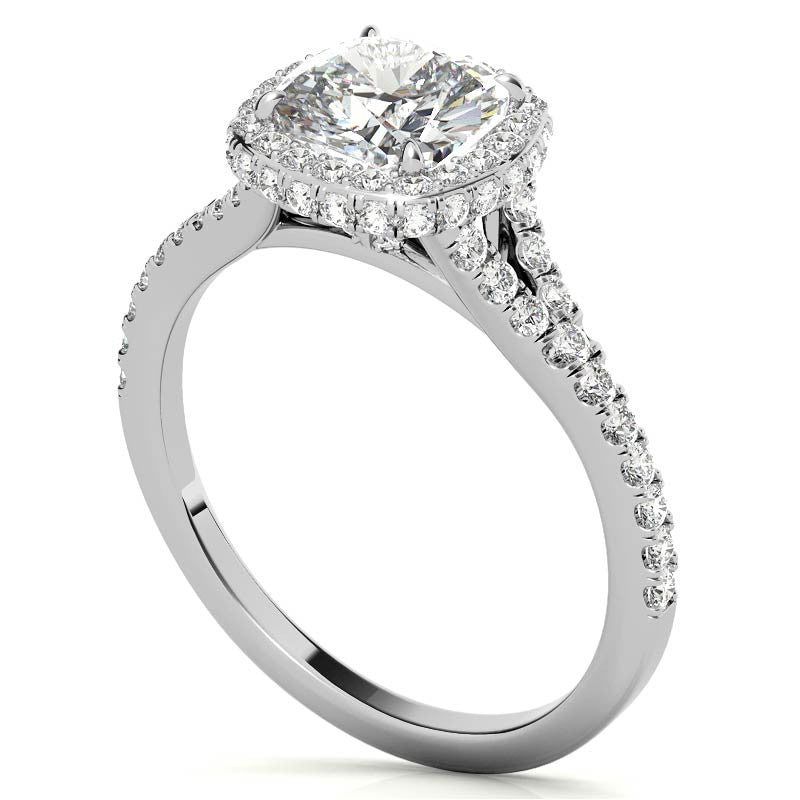 Cushion Encircled Halo Moissanite Split Shank Engagement Ring